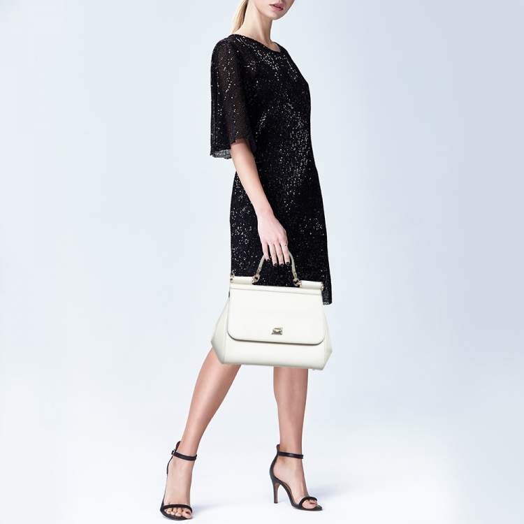 Pre Owned Dolce & Gabbana White Leather Medium Miss Sicily Top Handle Bag