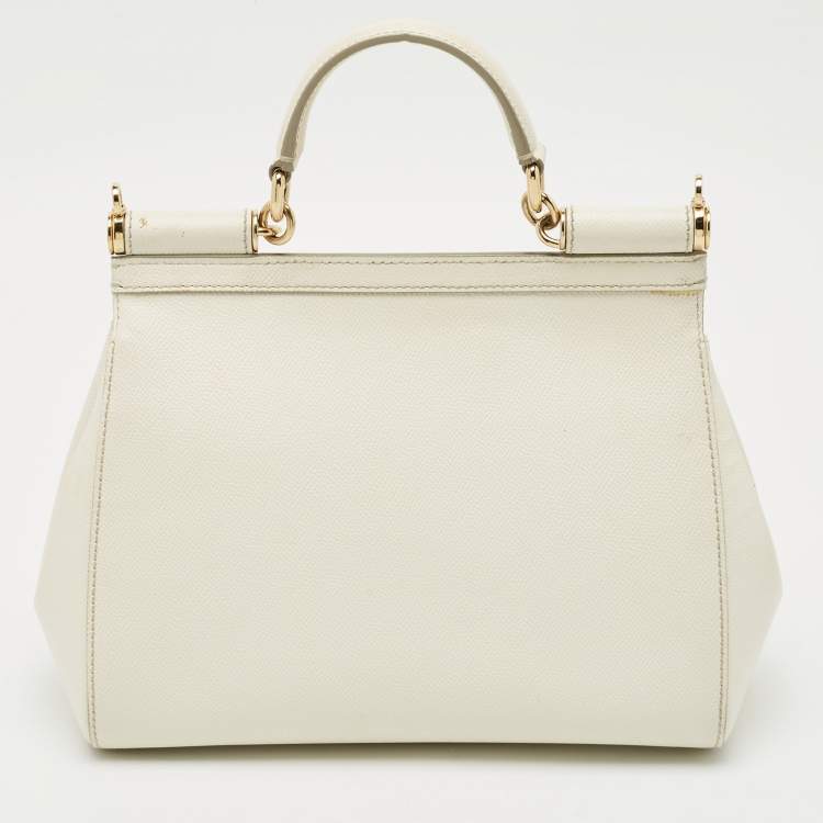 Pre Owned Dolce & Gabbana White Leather Medium Miss Sicily Top Handle Bag