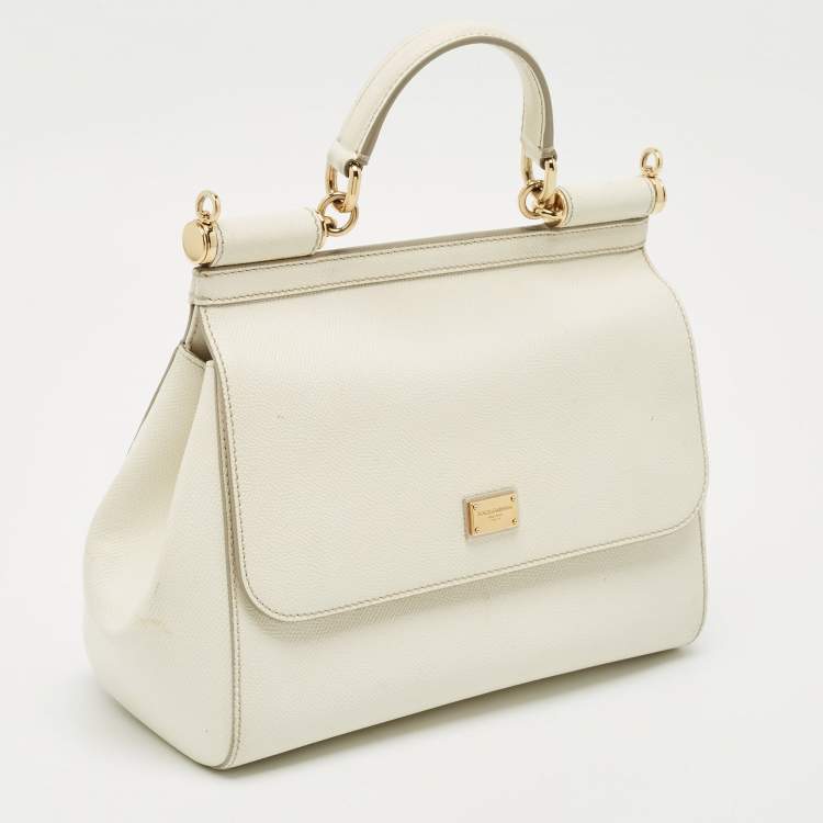 Pre Owned Dolce & Gabbana White Leather Medium Miss Sicily Top Handle Bag