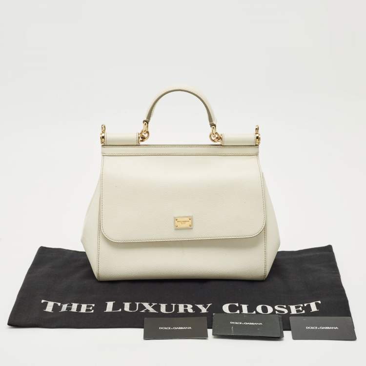 Pre Owned Dolce & Gabbana White Leather Medium Miss Sicily Top Handle Bag