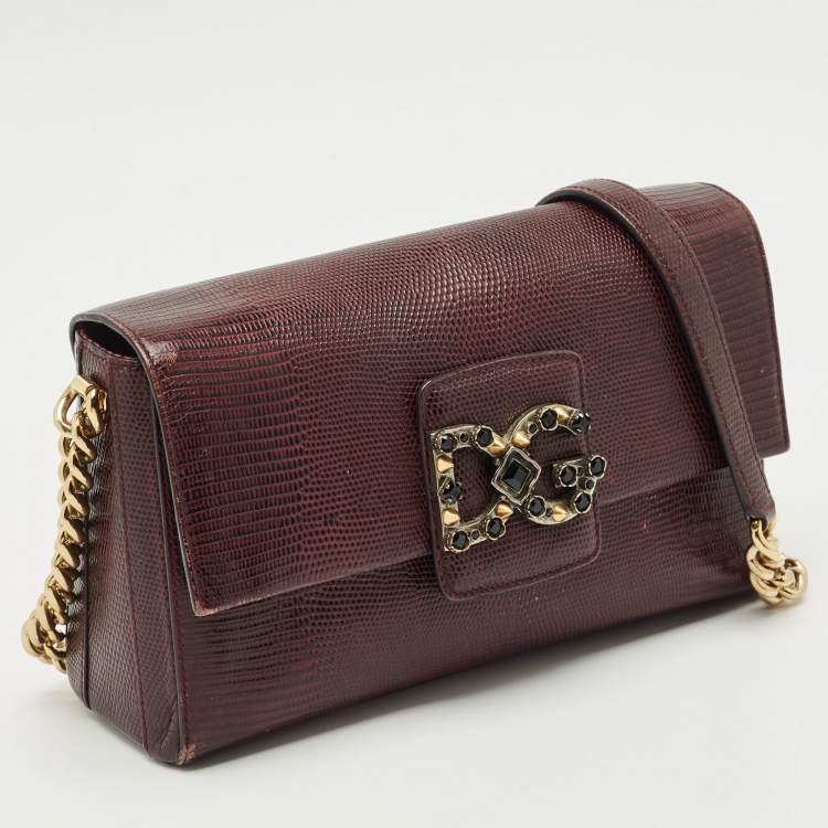 Pre Owned Dolce & Gabbana Burgundy Lizard Embossed Leather DG Millennials Shoulder Bag