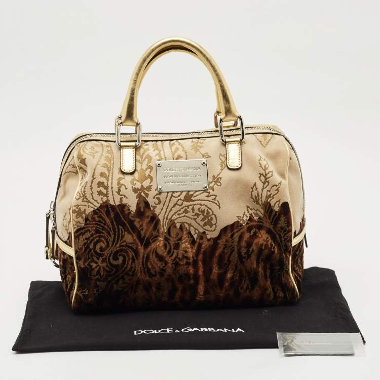 Pre Owned Dolce & Gabbana Ombre Gold/Brown Leather and Velvet Printed Satchel