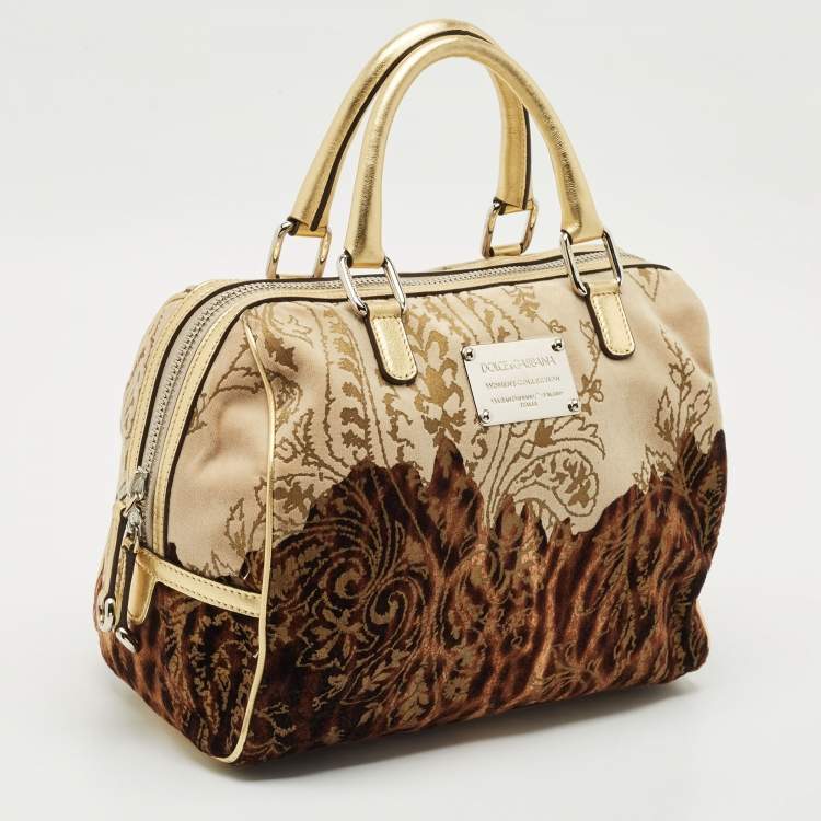 Pre Owned Dolce & Gabbana Ombre Gold/Brown Leather and Velvet Printed Satchel