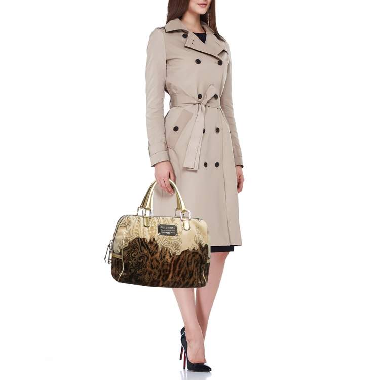Pre Owned Dolce & Gabbana Ombre Gold/Brown Leather and Velvet Printed Satchel