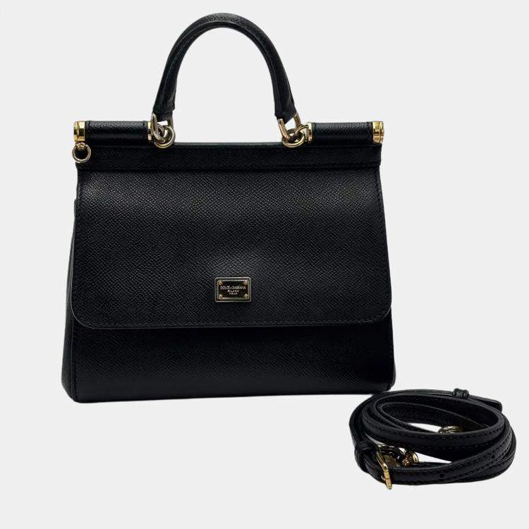 Pre Owned Dolce & Gabbana Miss Sicily Small Black Grain Leather Top Handle Bag