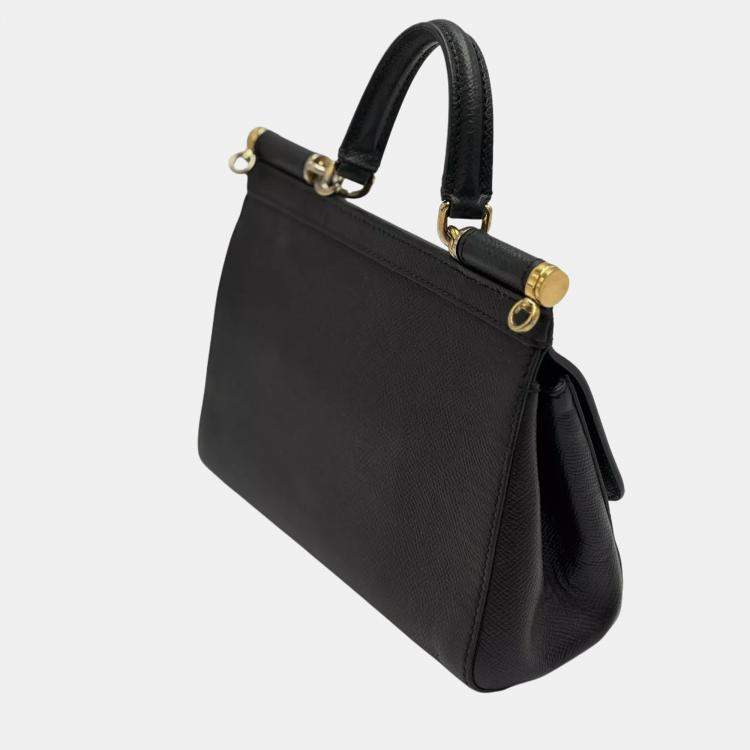 Pre Owned Dolce & Gabbana Miss Sicily Small Black Grain Leather Top Handle Bag