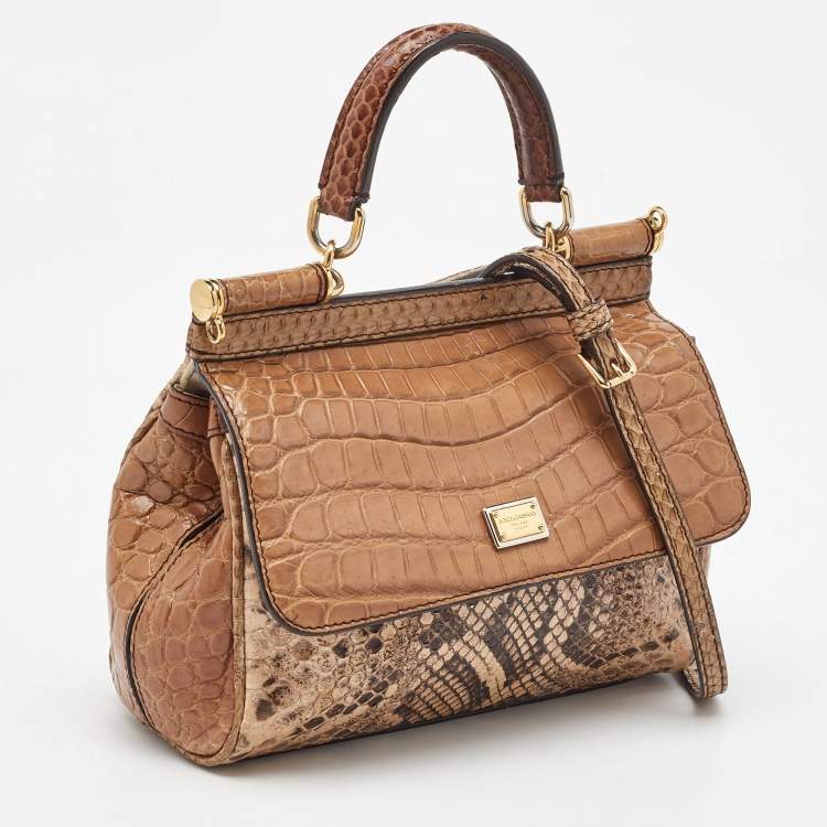 Pre Owned Dolce & Gabbana Brown/Beige Crocodile and Python Small Miss Sicily Top Handle Bag