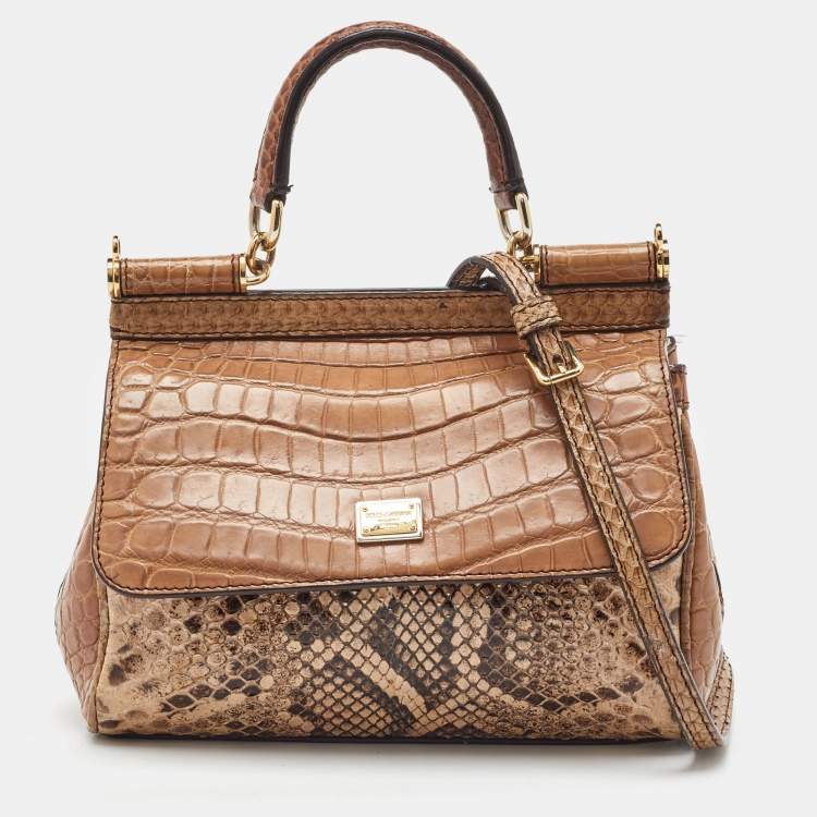 Pre Owned Dolce & Gabbana Brown/Beige Crocodile and Python Small Miss Sicily Top Handle Bag