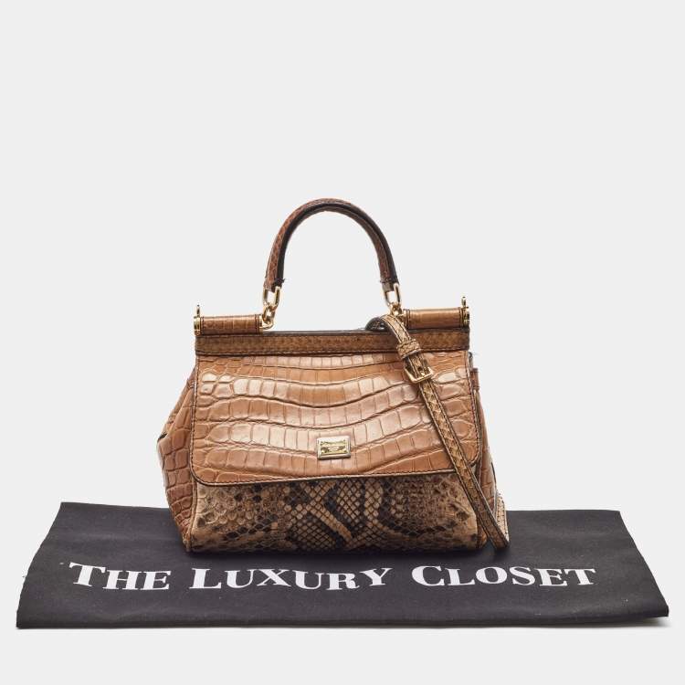 Pre Owned Dolce & Gabbana Brown/Beige Crocodile and Python Small Miss Sicily Top Handle Bag