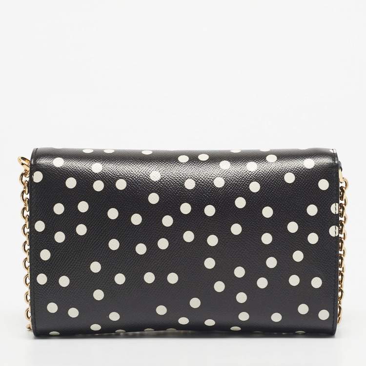 Pre Owned Dolce & Gabbana Black/White Polka Dot Leather Padlock Chain Clutch