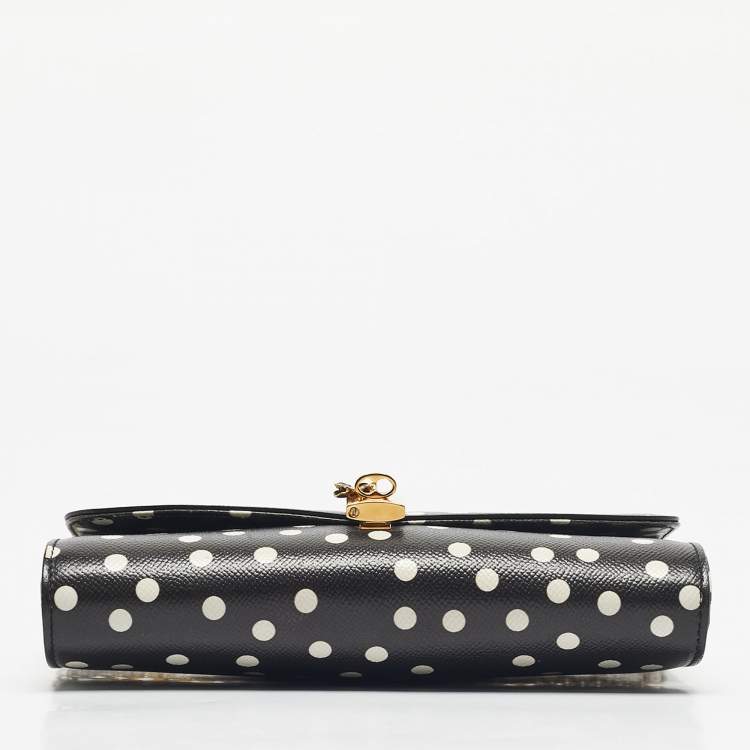 Pre Owned Dolce & Gabbana Black/White Polka Dot Leather Padlock Chain Clutch