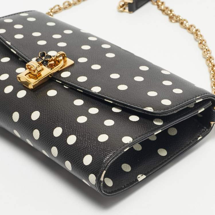 Pre Owned Dolce & Gabbana Black/White Polka Dot Leather Padlock Chain Clutch
