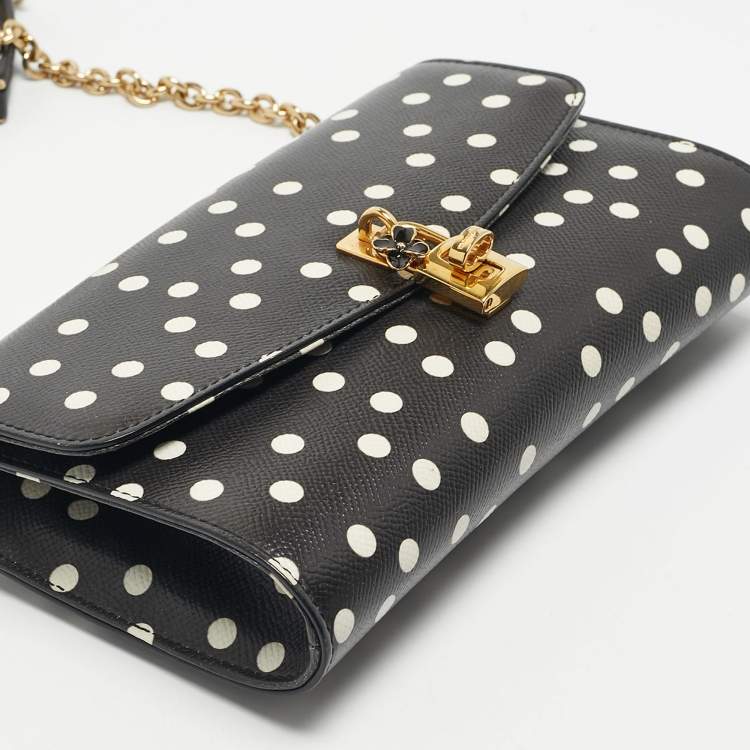 Pre Owned Dolce & Gabbana Black/White Polka Dot Leather Padlock Chain Clutch