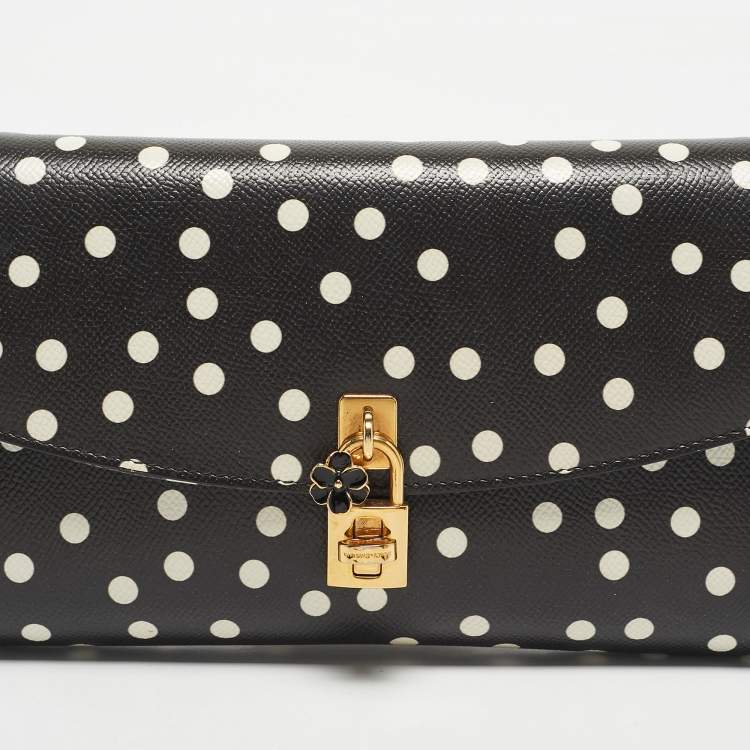 Pre Owned Dolce & Gabbana Black/White Polka Dot Leather Padlock Chain Clutch