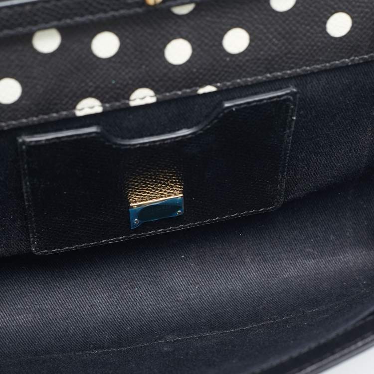Pre Owned Dolce & Gabbana Black/White Polka Dot Leather Padlock Chain Clutch