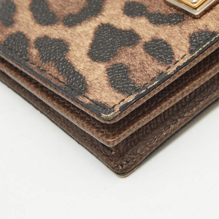 Pre Owned Dolce & Gabbana Brown Leopard Print Coated Canvas and Leather Flap Card Case