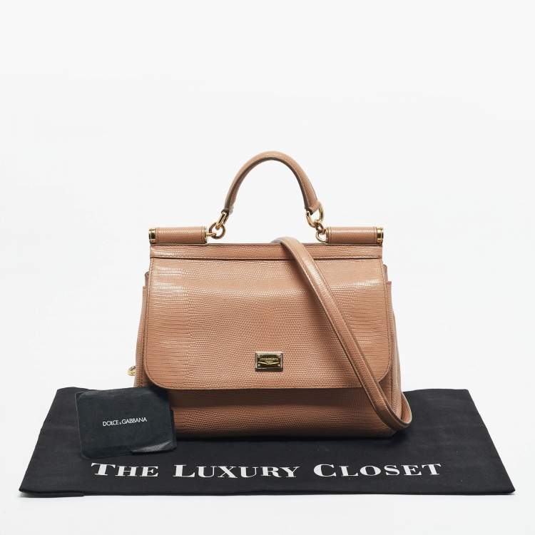 Pre Owned Dolce & Gabbana Beige Lizard Embossed Leather Medium Miss Sicily Top Handle Bag