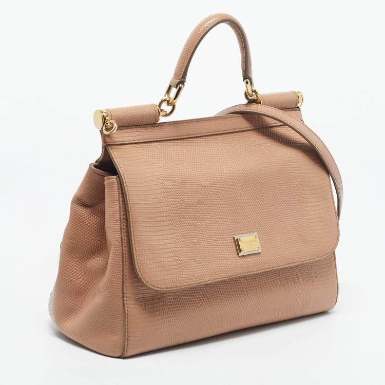 Pre Owned Dolce & Gabbana Beige Lizard Embossed Leather Medium Miss Sicily Top Handle Bag