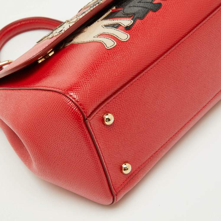 Pre Owned Dolce & Gabbana Red Leather Medium Miss Sicily Family Patchwork Top Handle Bag