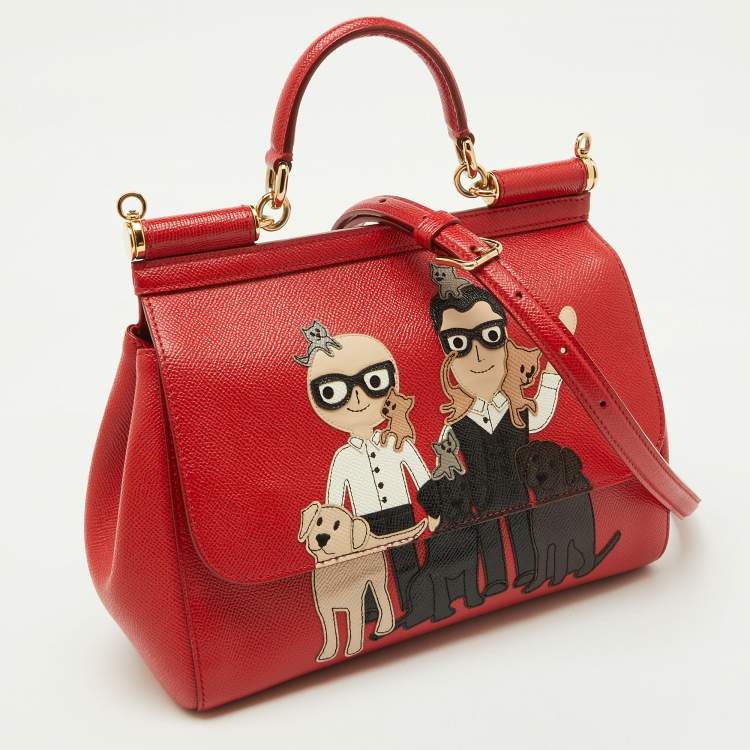 Pre Owned Dolce & Gabbana Red Leather Medium Miss Sicily Family Patchwork Top Handle Bag