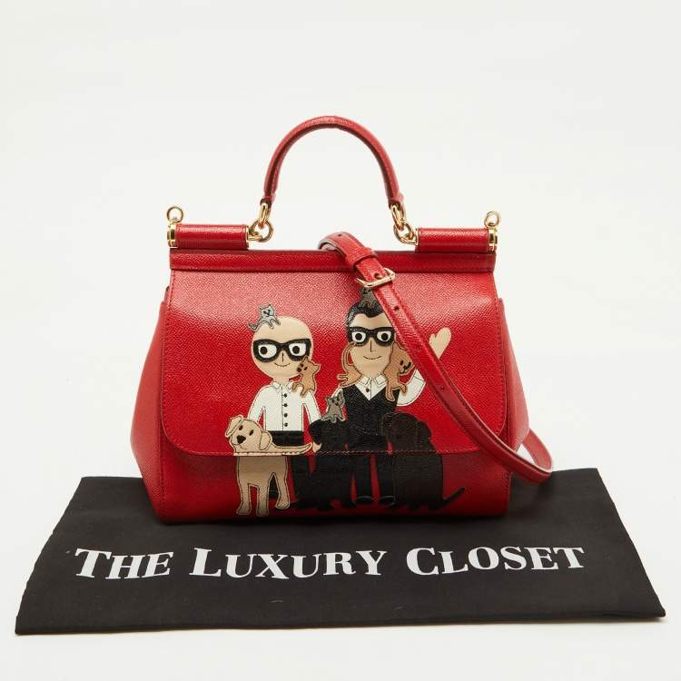 Pre Owned Dolce & Gabbana Red Leather Medium Miss Sicily Family Patchwork Top Handle Bag