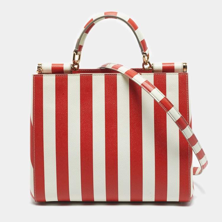 Pre Owned Dolce & Gabbana Red/White Leather Medium Miss Sicily Top Handle Bag
