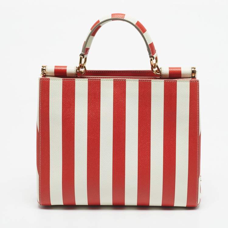 Pre Owned Dolce & Gabbana Red/White Leather Medium Miss Sicily Top Handle Bag
