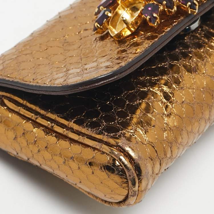 Pre Owned Dolce & Gabbana Gold Snakeskin Crystals Embellished Chain Pouch