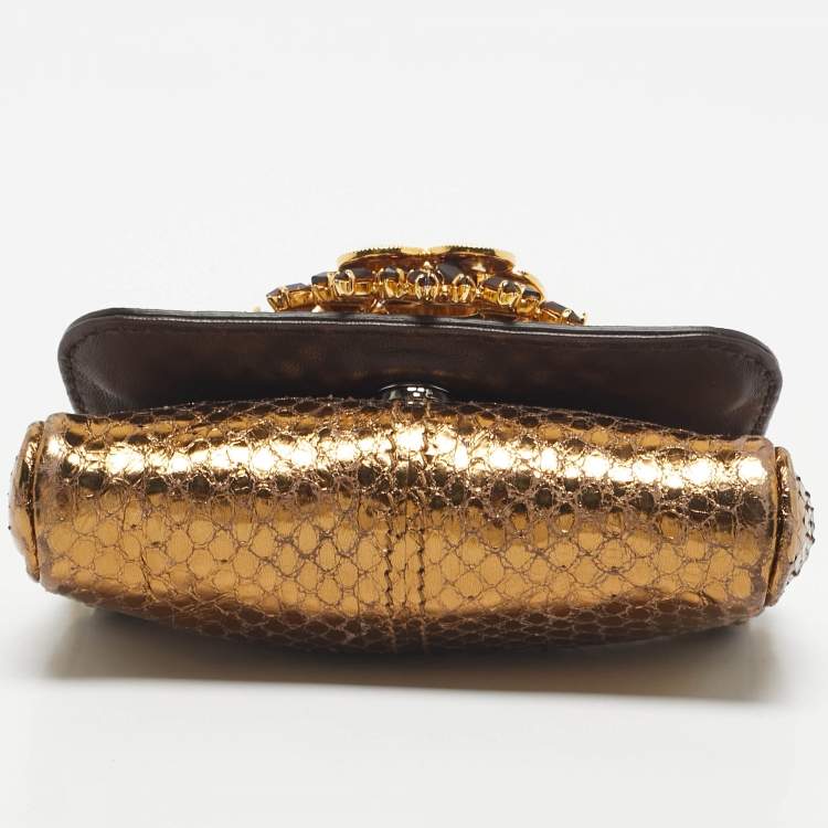 Pre Owned Dolce & Gabbana Gold Snakeskin Crystals Embellished Chain Pouch