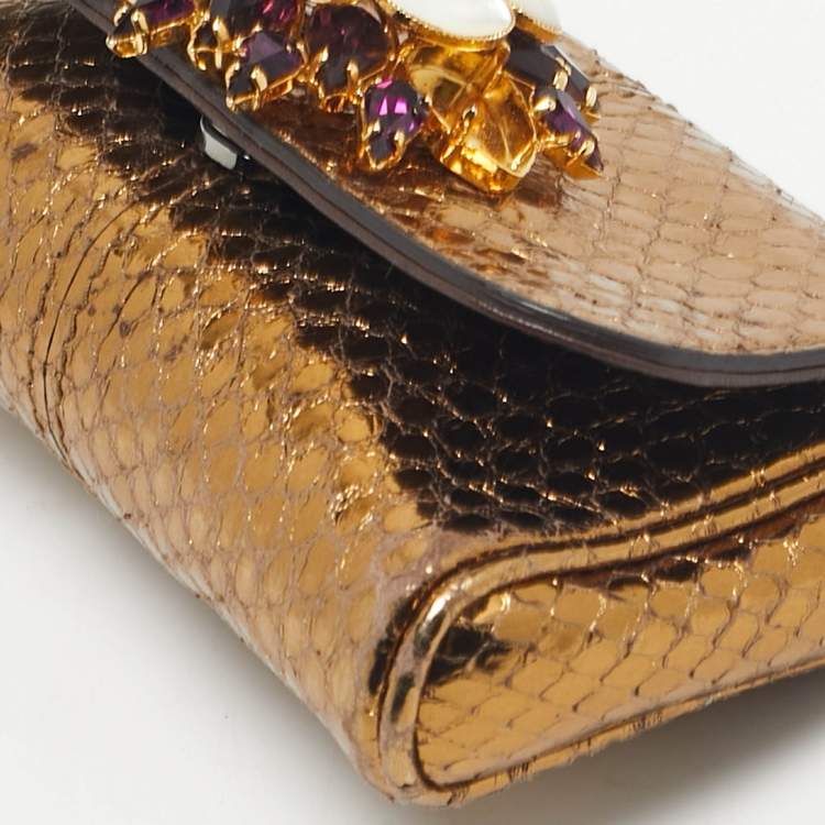 Pre Owned Dolce & Gabbana Gold Snakeskin Crystals Embellished Chain Pouch
