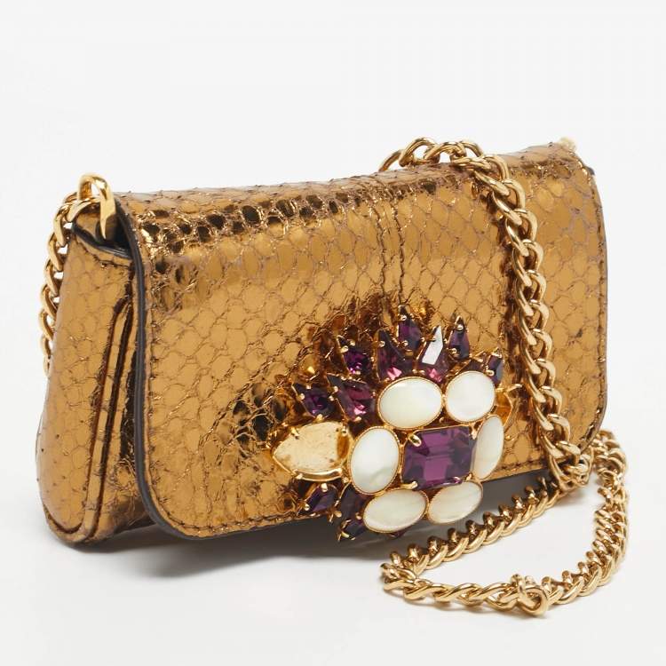 Pre Owned Dolce & Gabbana Gold Snakeskin Crystals Embellished Chain Pouch