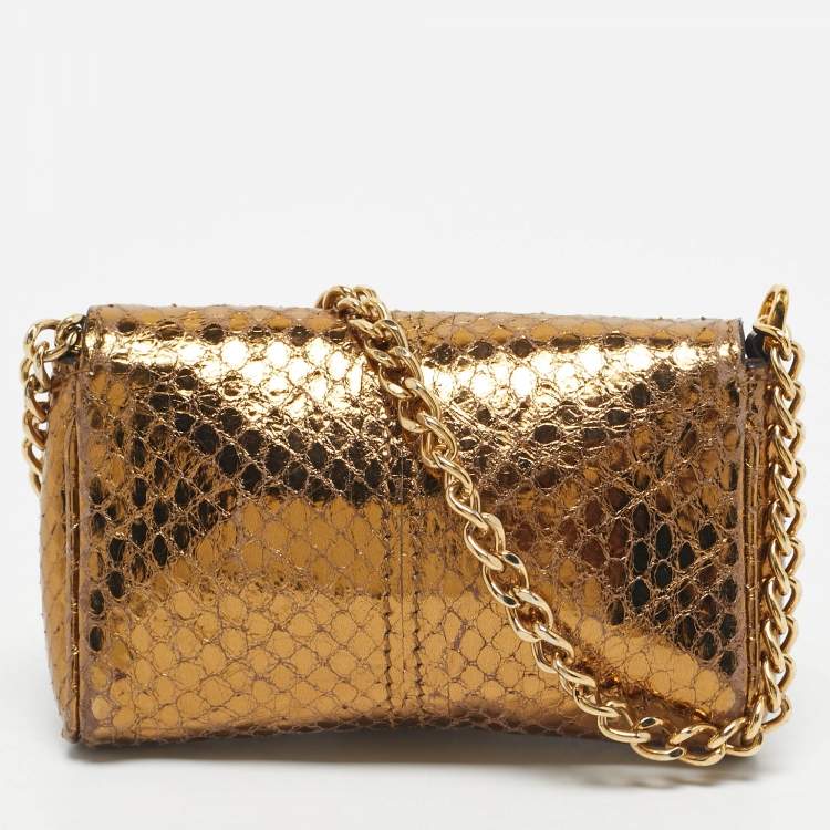 Pre Owned Dolce & Gabbana Gold Snakeskin Crystals Embellished Chain Pouch