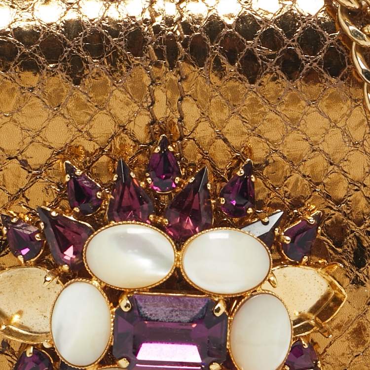 Pre Owned Dolce & Gabbana Gold Snakeskin Crystals Embellished Chain Pouch