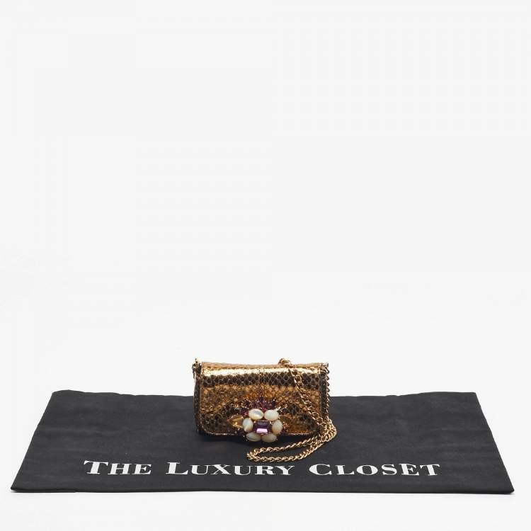 Pre Owned Dolce & Gabbana Gold Snakeskin Crystals Embellished Chain Pouch