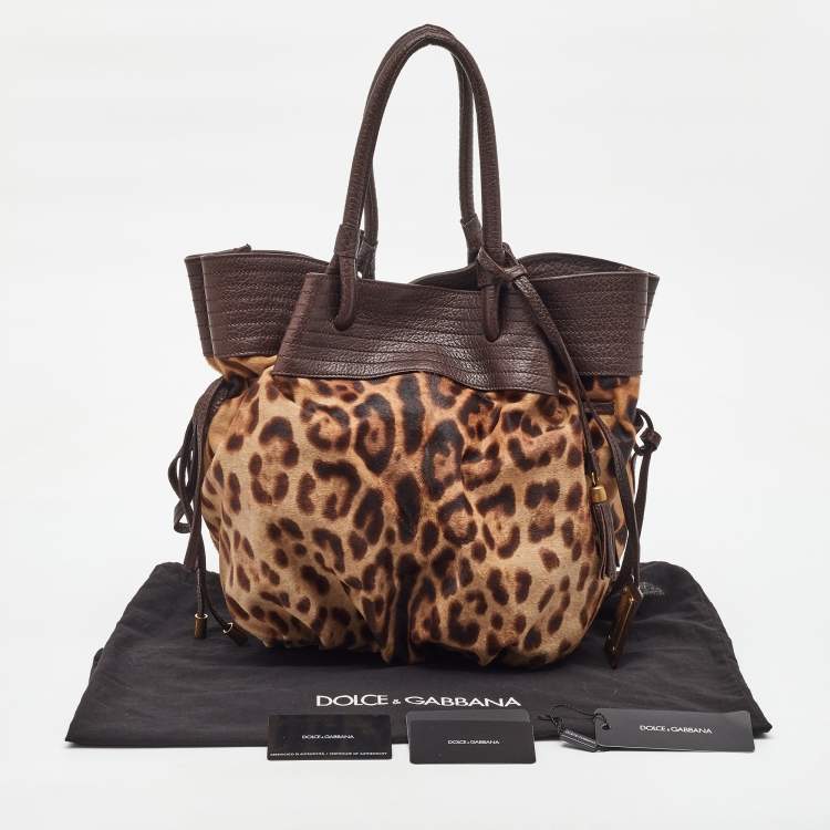 Pre Owned Dolce & Gabbana Brown Leopard Calf Hair and Leather Drawstring Hobo