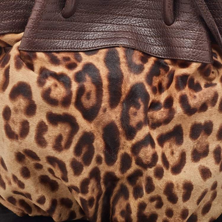 Pre Owned Dolce & Gabbana Brown Leopard Calf Hair and Leather Drawstring Hobo