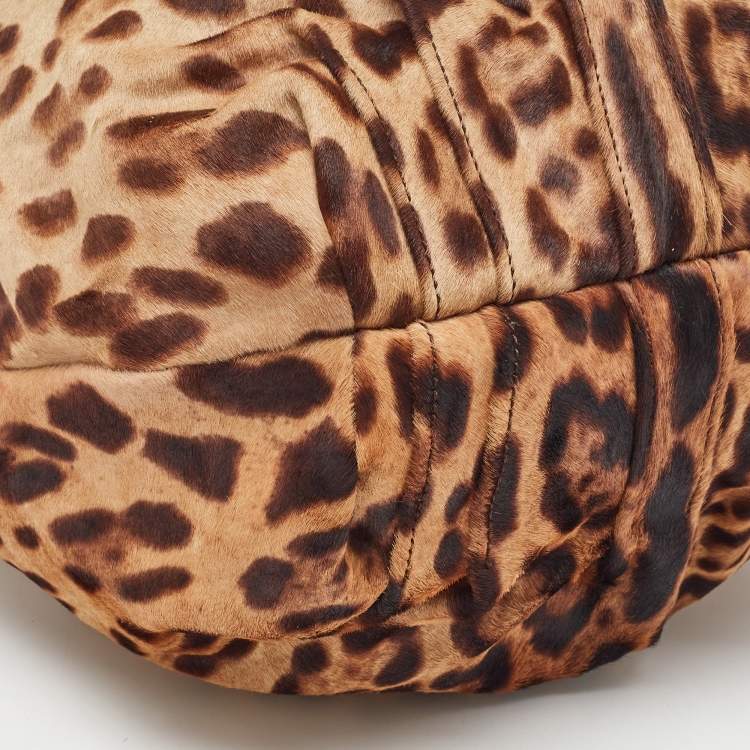 Pre Owned Dolce & Gabbana Brown Leopard Calf Hair and Leather Drawstring Hobo