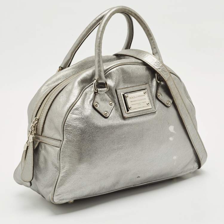 Pre Owned Dolce & Gabbana Metallic Grey Leather Miss Biz Satchel
