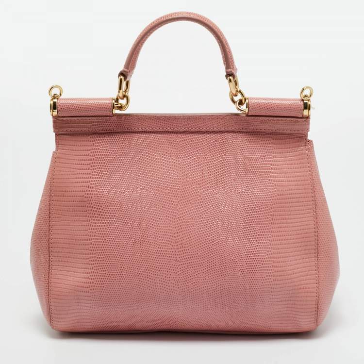 Pre Owned Dolce & Gabbana Pink Lizard Embossed Leather Medium Crystal DG Miss Sicily Top Handle Bag