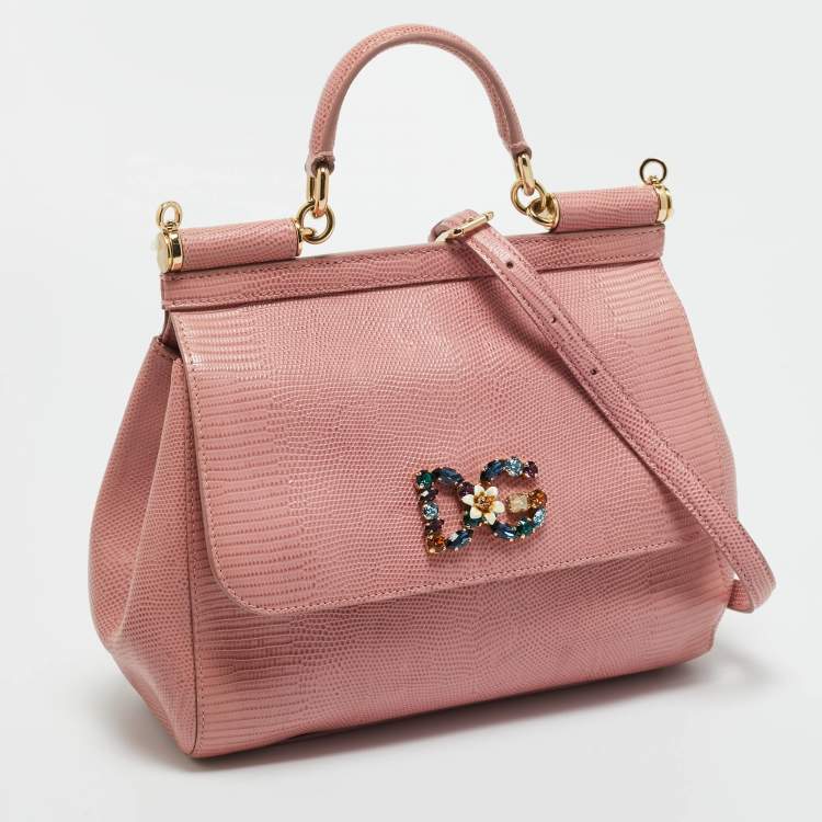 Pre Owned Dolce & Gabbana Pink Lizard Embossed Leather Medium Crystal DG Miss Sicily Top Handle Bag