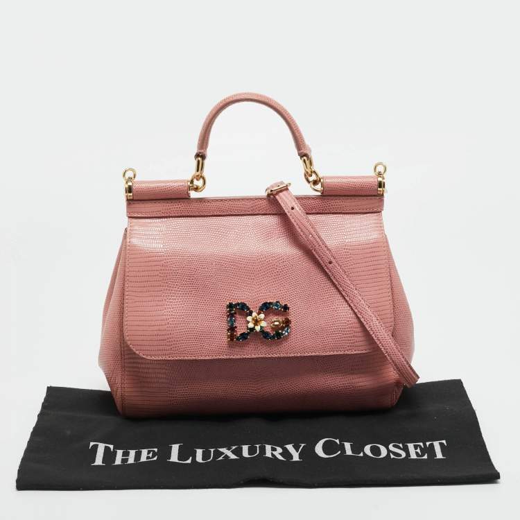 Pre Owned Dolce & Gabbana Pink Lizard Embossed Leather Medium Crystal DG Miss Sicily Top Handle Bag