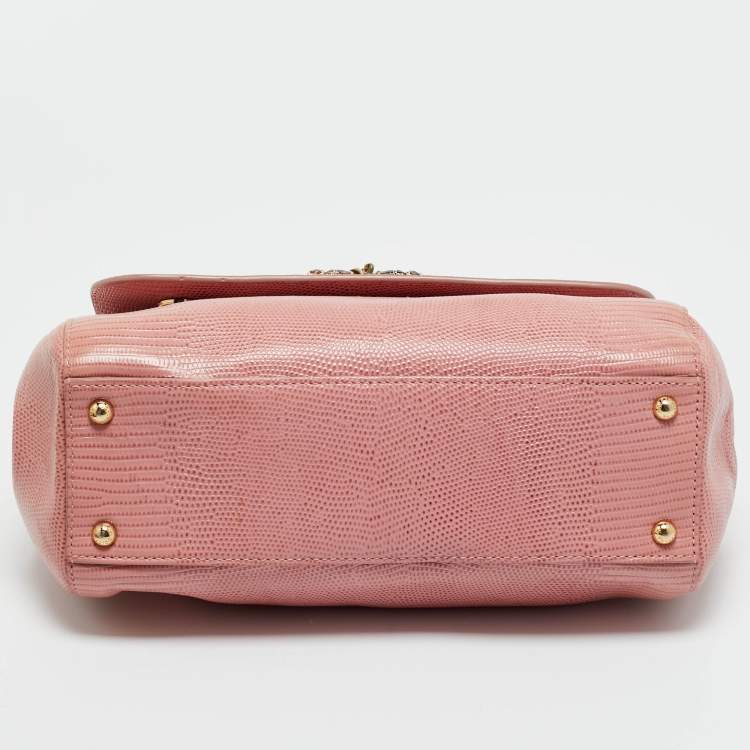 Pre Owned Dolce & Gabbana Pink Lizard Embossed Leather Medium Crystal DG Miss Sicily Top Handle Bag