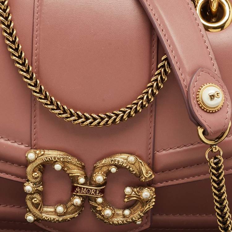 Pre Owned Dolce & Gabbana Pastel Pink Leather DG Amore Chain Shoulder Bag