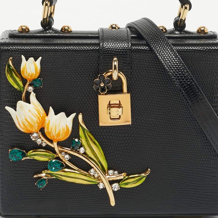 Pre Owned Dolce & Gabbana Black Lizard Embossed Leather Tulip Embellished Box Bag