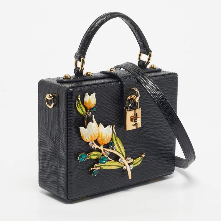 Pre Owned Dolce & Gabbana Black Lizard Embossed Leather Tulip Embellished Box Bag