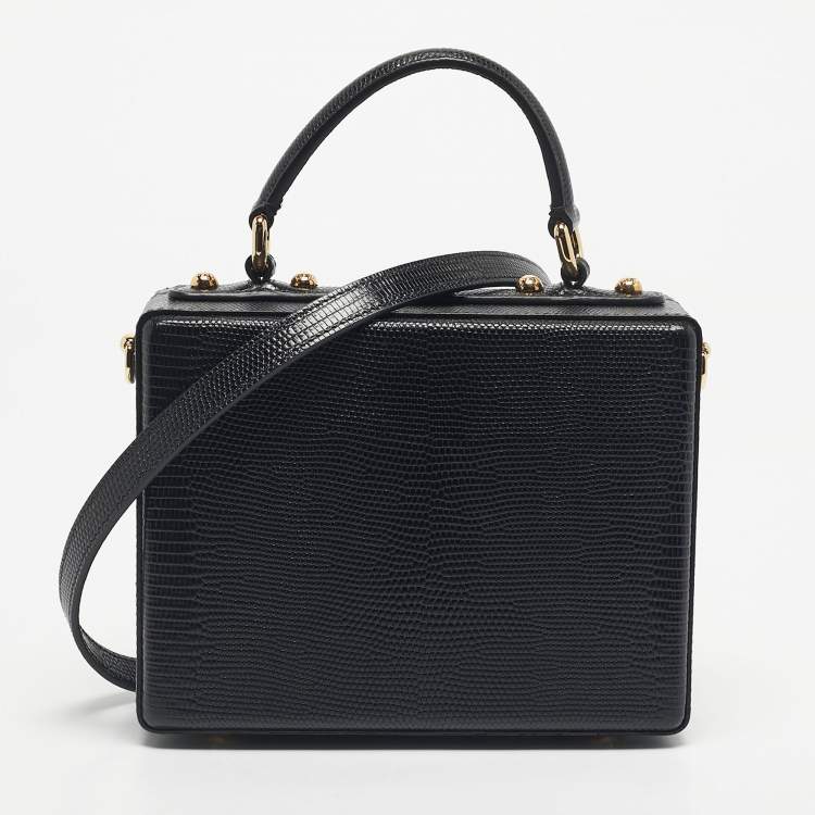 Pre Owned Dolce & Gabbana Black Lizard Embossed Leather Tulip Embellished Box Bag