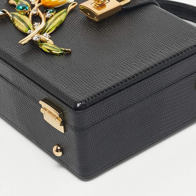 Pre Owned Dolce & Gabbana Black Lizard Embossed Leather Tulip Embellished Box Bag