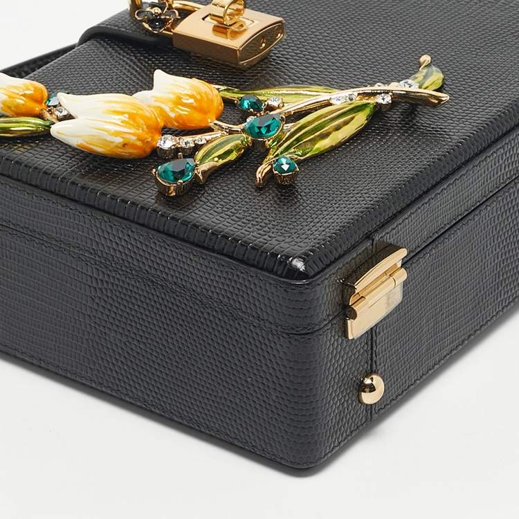 Pre Owned Dolce & Gabbana Black Lizard Embossed Leather Tulip Embellished Box Bag