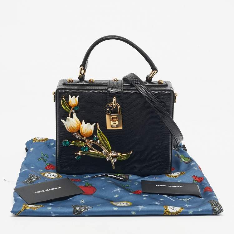 Pre Owned Dolce & Gabbana Black Lizard Embossed Leather Tulip Embellished Box Bag