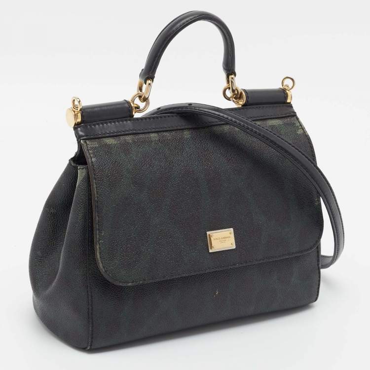 Pre Owned Dolce & Gabbana Green/Black Leopard Print Coated Canvas Medium Miss Sicily Top Handle Bag